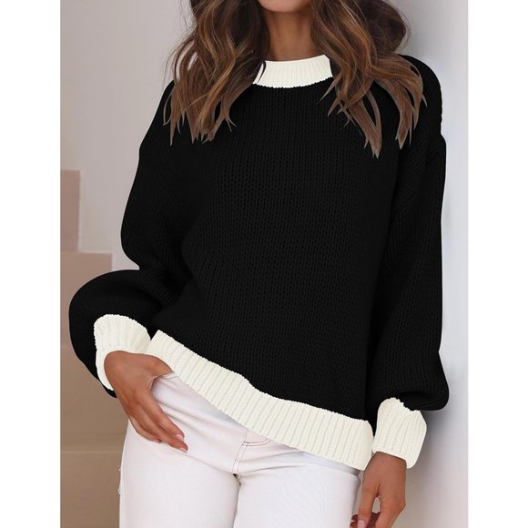 Women's Casual Long Sleeve Crew Neck Pullover Fall Ribbed Knit Loose  Sweater - Picture 2 of 8